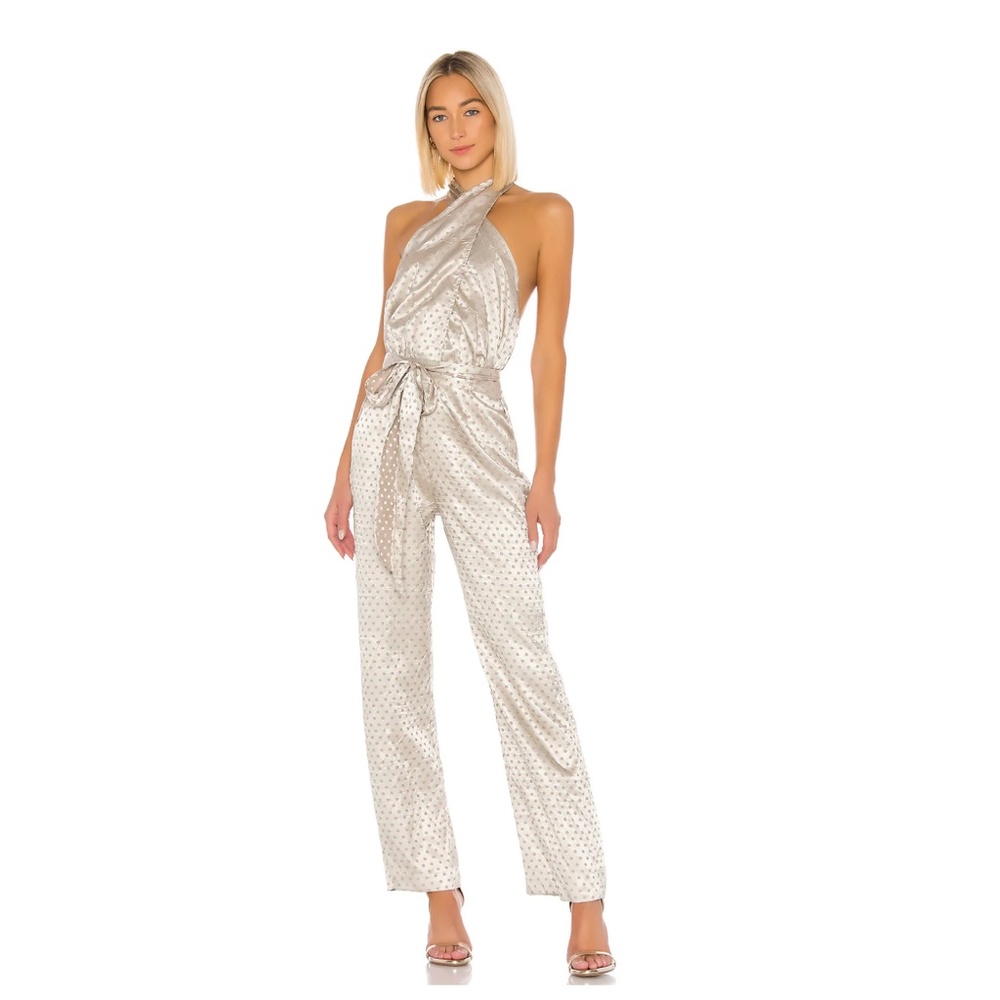 NEW LPA Glenda Dusty Gold Polka Dot Halter Jumpsuit L64